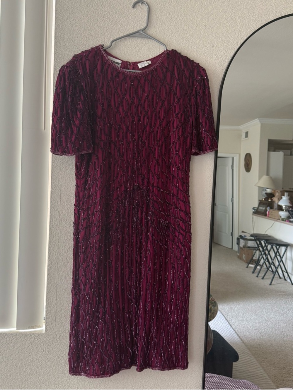 Vintage American Night Sequin Bodycon Dress Purplish Pink Silk Beaded Party M